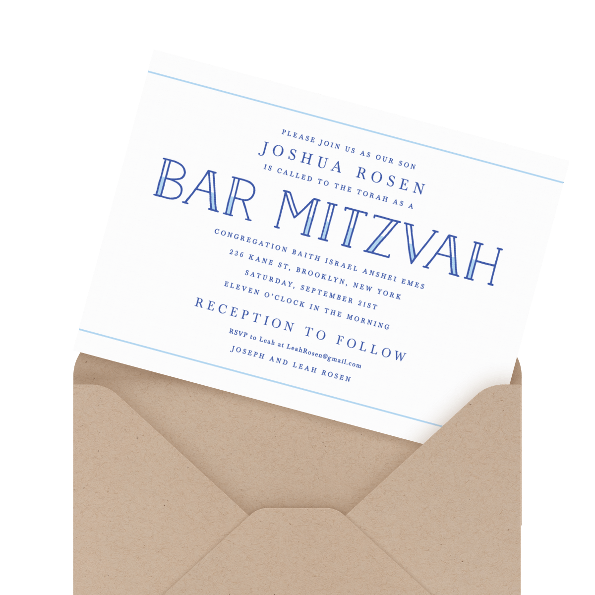 blue and white bar mitzvah invite
