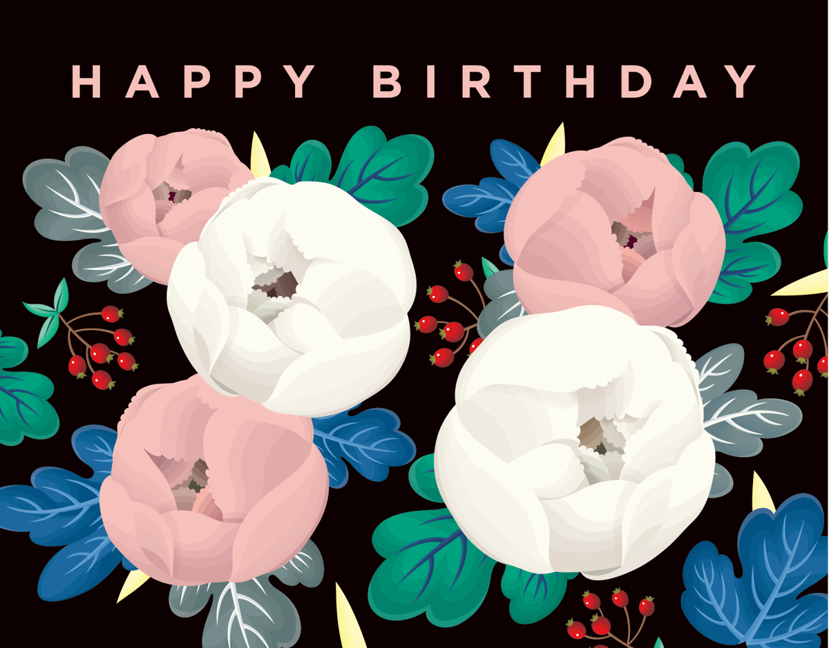 Black Floral Happy Birthday Card