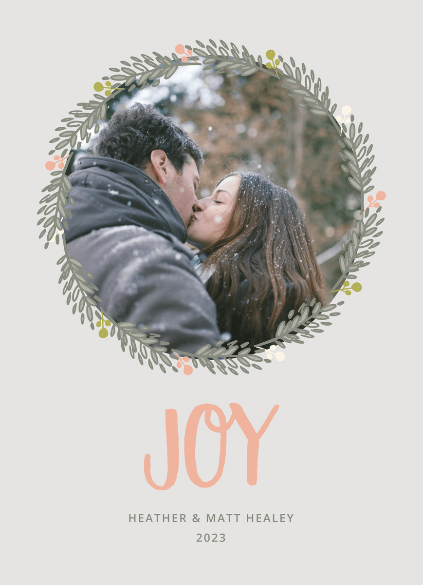 lovely gray photo holiday card with wreath border