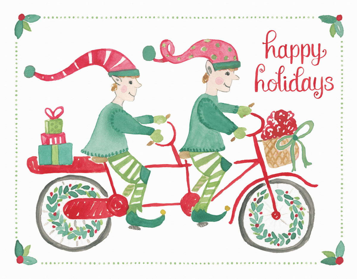 funny hand painted elves on a bike holiday card