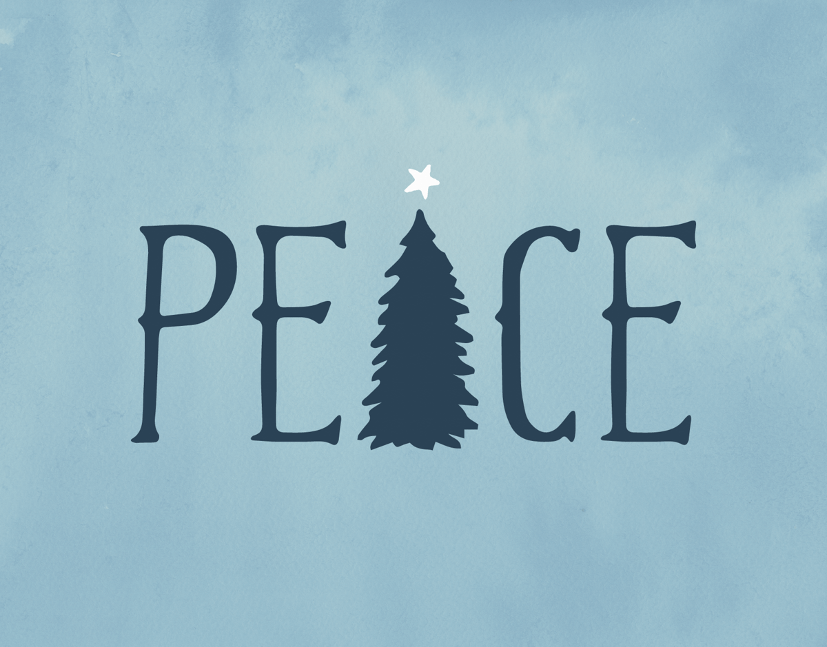a blue christmas card with peace and a christmas tree