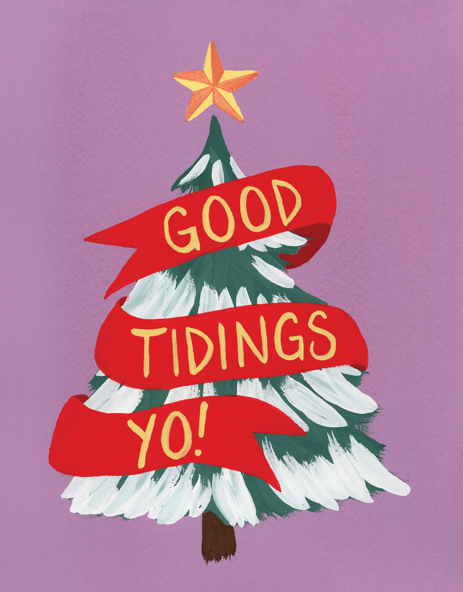 colorful christmas card with christmas tree and good tidings yo