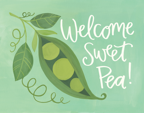 Hand Painted Welcome charming Pea Baby Card