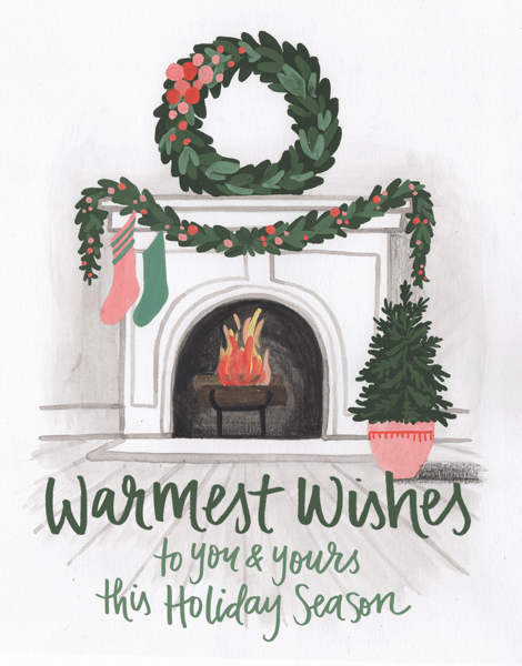 Vintage Warmest Wishes Fireplace Holiday Card