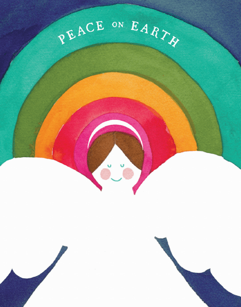 peace on earth angel with rainbow holiday greeting card