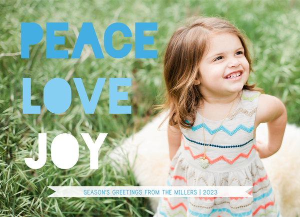 Peace Love Joy blue photo holiday card