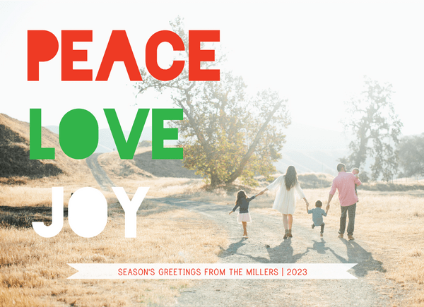 Peace Love Joy Red & green photo holiday card