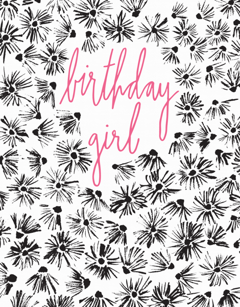 Floral Drawing With Pink Cursive Birthday Girl Card