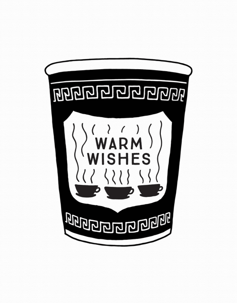 black and white warm wishes card with nyc coffee cup