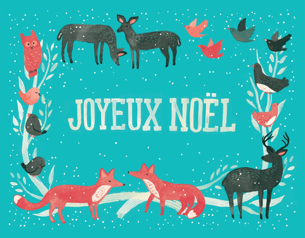 Turquoise Joyeux Noel with Animals Christmas Card