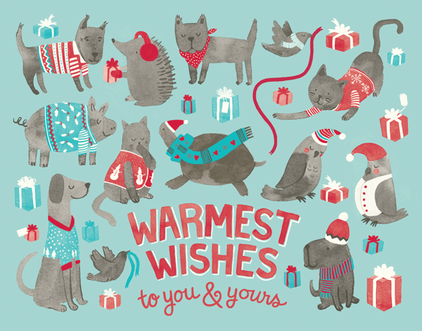 Funny Animal Drawings Warmest Wishes Holiday Card