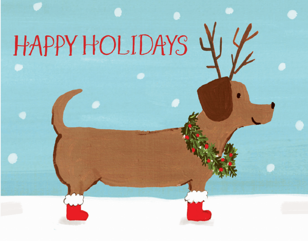 dachshund with a wreath happy holidays card