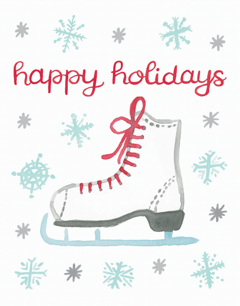 watercolored ice skate happy holidays card