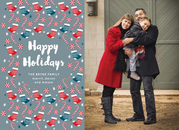 photo holiday card with colorful stockings
