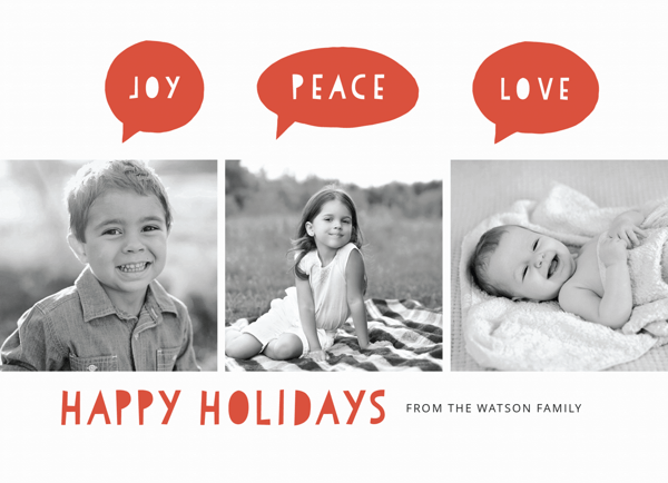 multi photo holiday card with blocked letters and thought bubbles