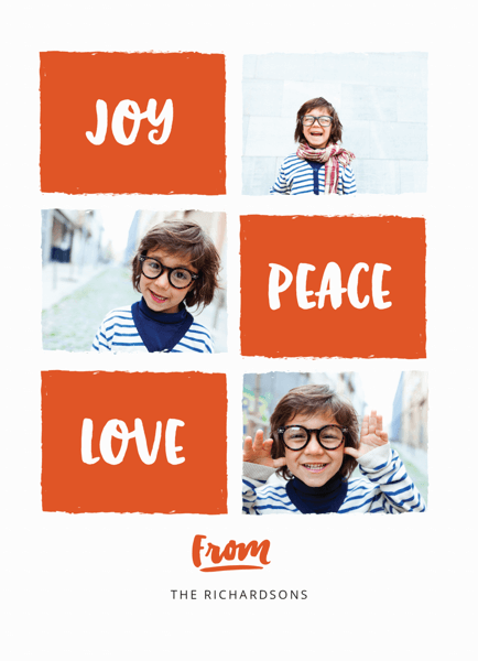 red joy peace love holiday card with photo