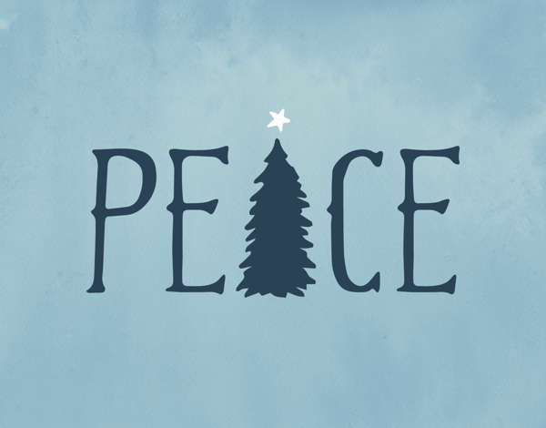 a blue christmas card with peace and a christmas tree