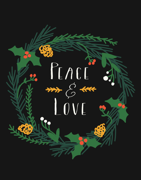 Black Peace and Love Wreath Holiday Card