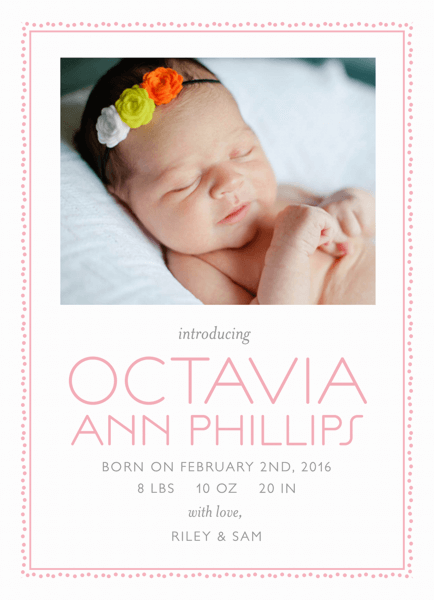 Pink Dot Border Baby Announcement