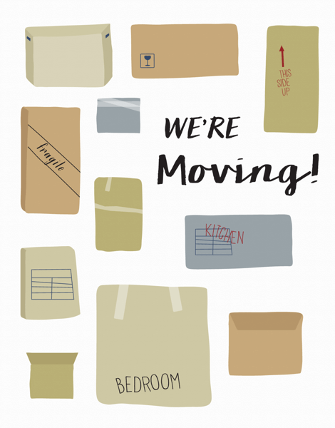 We're Moving Card with Cardboard Boxes
