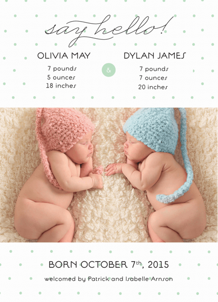 Mint Dots Photo Twin Birth Announcement
