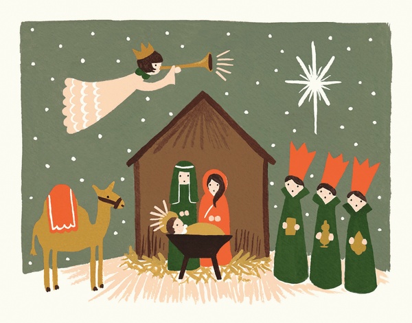 painted Nativity scene Christmas Card