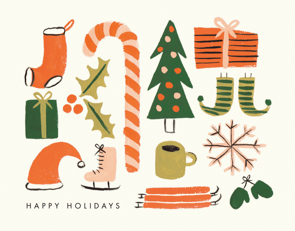 painted holiday items on a holiday greeting card