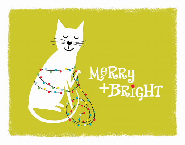 merry and bright holiday card with kitten