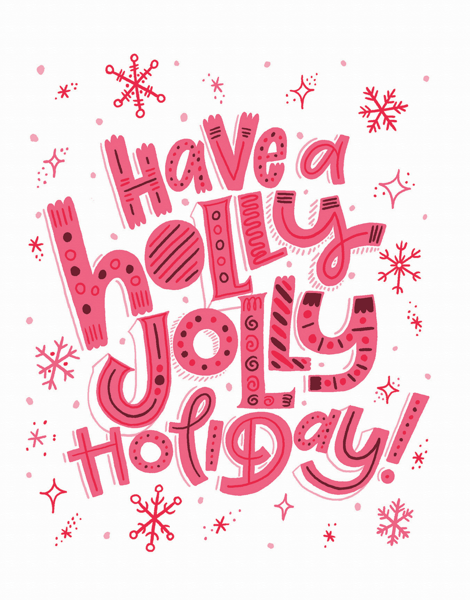 bold pink typography holiday greeting card that says holly jolly holiday
