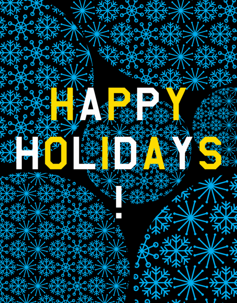 blue happy holidays card with snow flakes