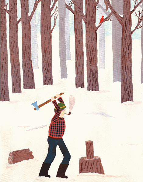 winter greeting card with a lumberjack