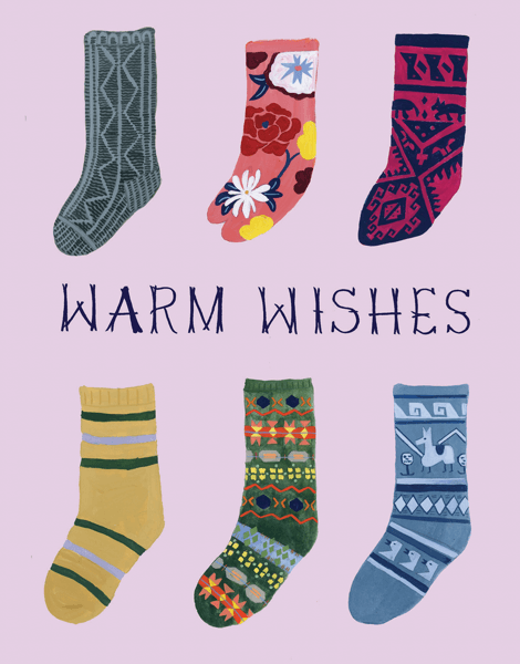 warm wishes socks on a greeting card